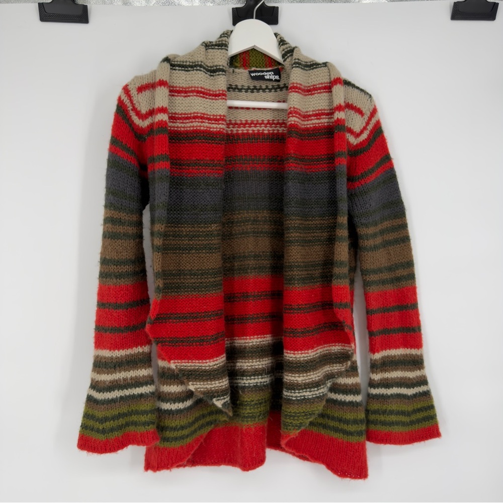 Wooden Ships Multi Colored Wool Blend Open Front Knit Cardigan Small